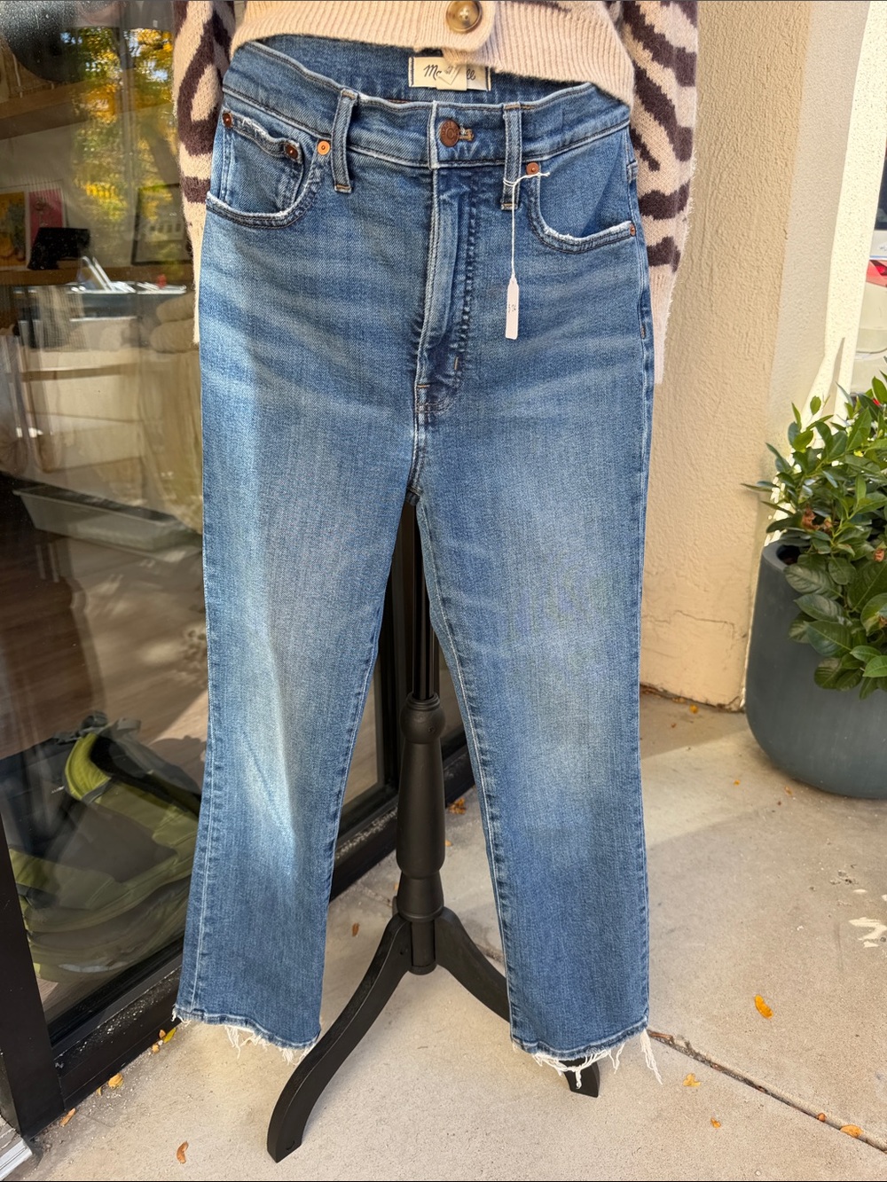 Madewell Medium Blue Cropped Straight Jeans with Frayed Hem